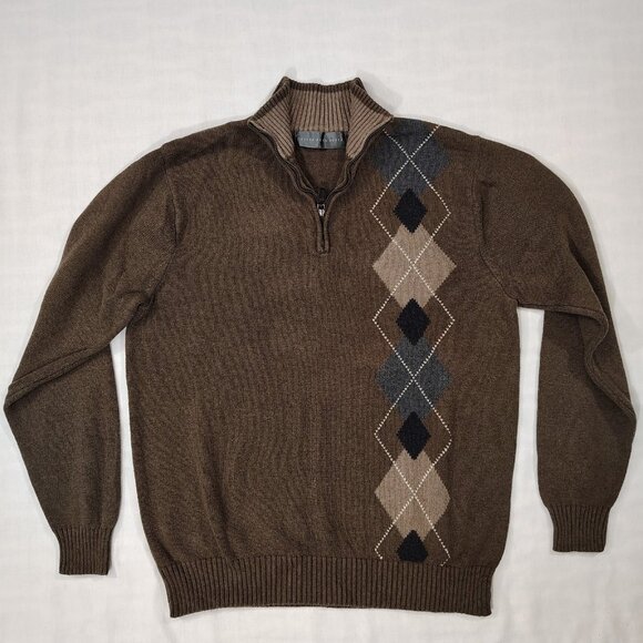 Oscar de la Renta Other - Oscar De La Renta Argyle Sweater Mens Sz Large 1/4 Zip Mock Neck Pullover Brown